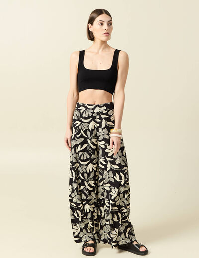 Pantalon large taille haute noir femme