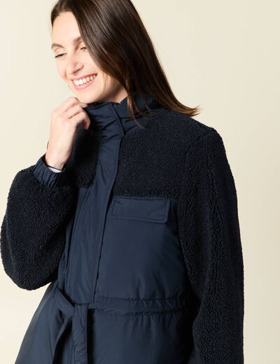 Manteau manches sherpa bleu marine femme