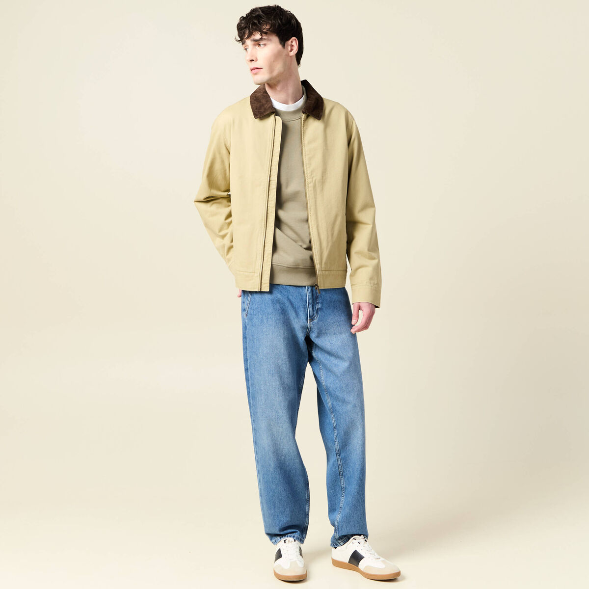 Sweat col rond manches longues en coton vert kaki homme