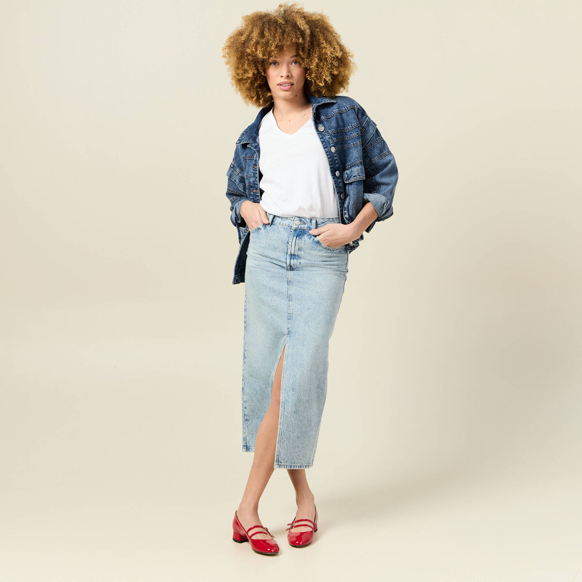 Jupe midi droite en jean denim bleach femme