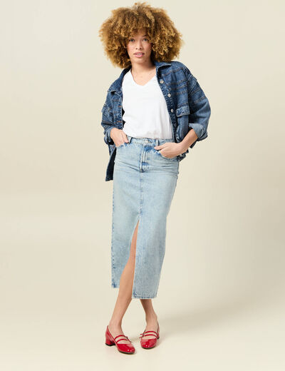 Jupe midi droite en jean denim bleach femme