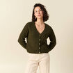 Gilet ajour&eacute; droit court col v vert kaki femme