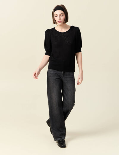 Pull manches courtes ajour&eacute; noir femme