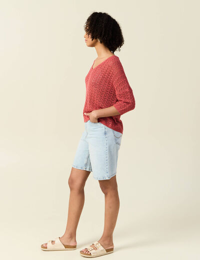 Pull manches 3/4 ajouré vieux rose femme