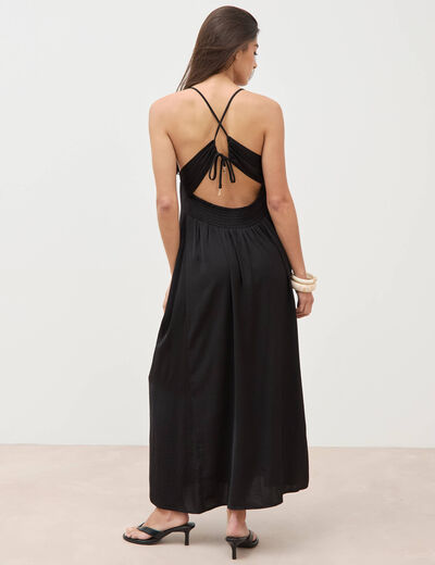 Robe satin&eacute;e bretelles col v noir femme