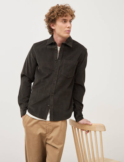 Chemise col classique en velours vert kaki homme