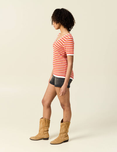 Pull manches courtes marron cognac femme