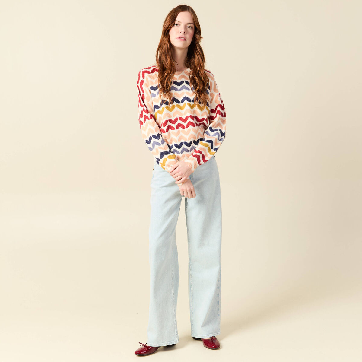 Pull col rond manches longues ecru femme