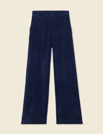 Pantalon large velours pinces bleu marine femme