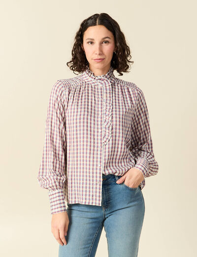 Chemise manches longues col montant marron cognac femme