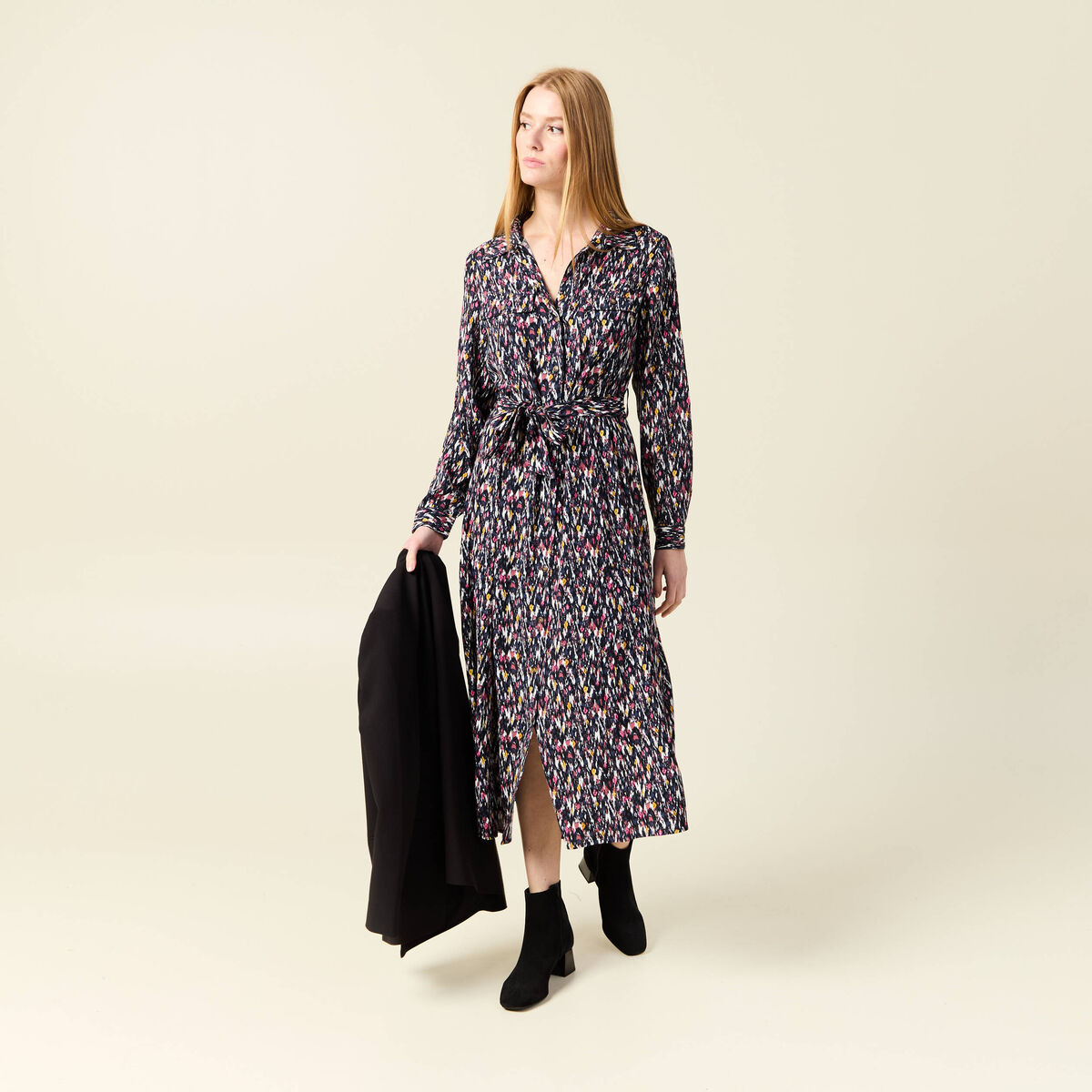 Robe chemise longue évasée bleu marine femme
