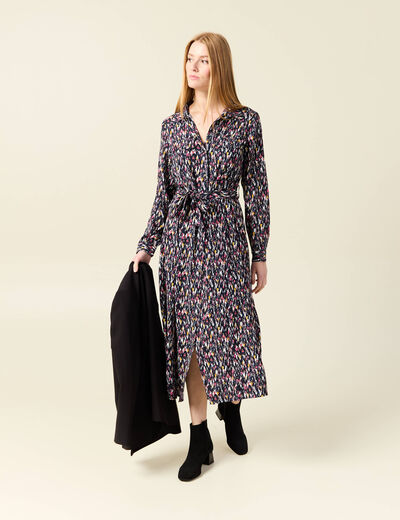 Robe chemise longue évasée bleu marine femme