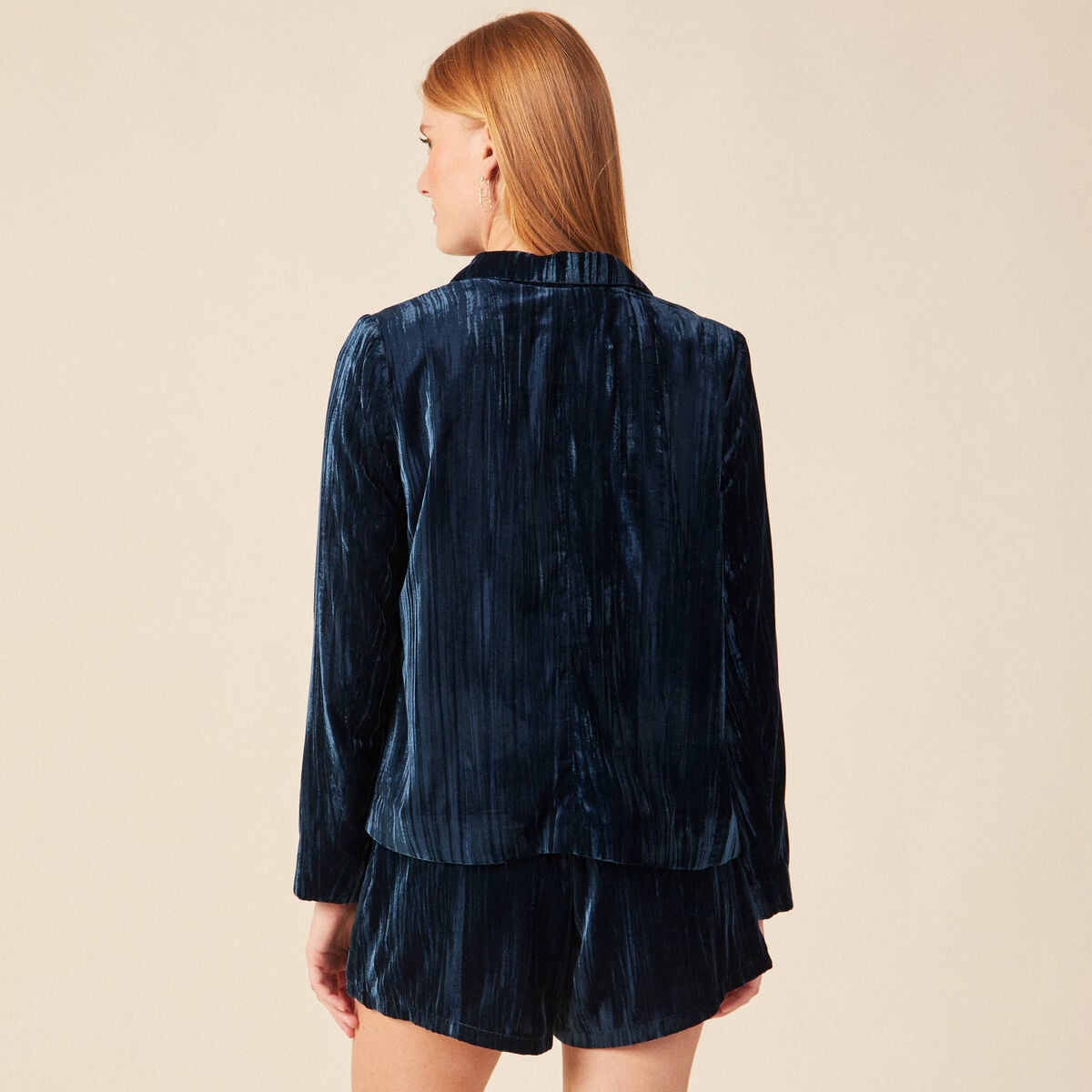 Tailleur droit court manches longues bleu canard femme