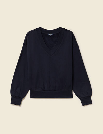 Sweat oversize col v manches longues bleu fonc&eacute; femme