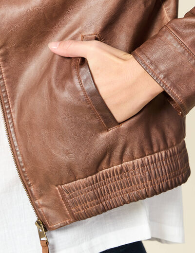 Bomber ajust&eacute; similicuir col tailleur marron femme