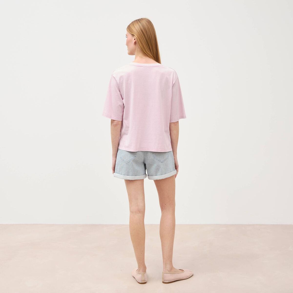 T-shirt col v manches courtes en coton parme femme