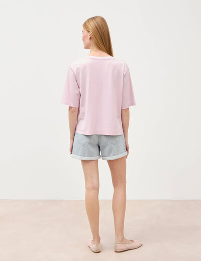 T-shirt col v manches courtes en coton parme femme