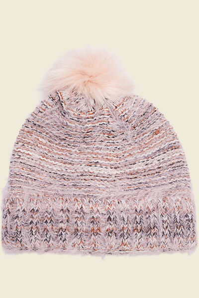 Bonnet à pompon rouge clair femme