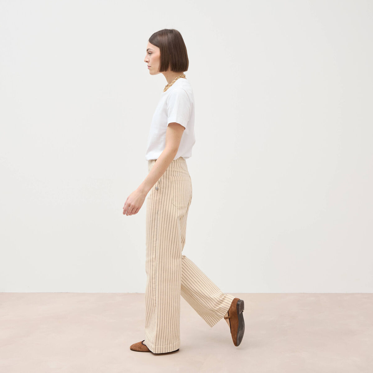 Jeans large taille haute ray&eacute; denim blanc femme