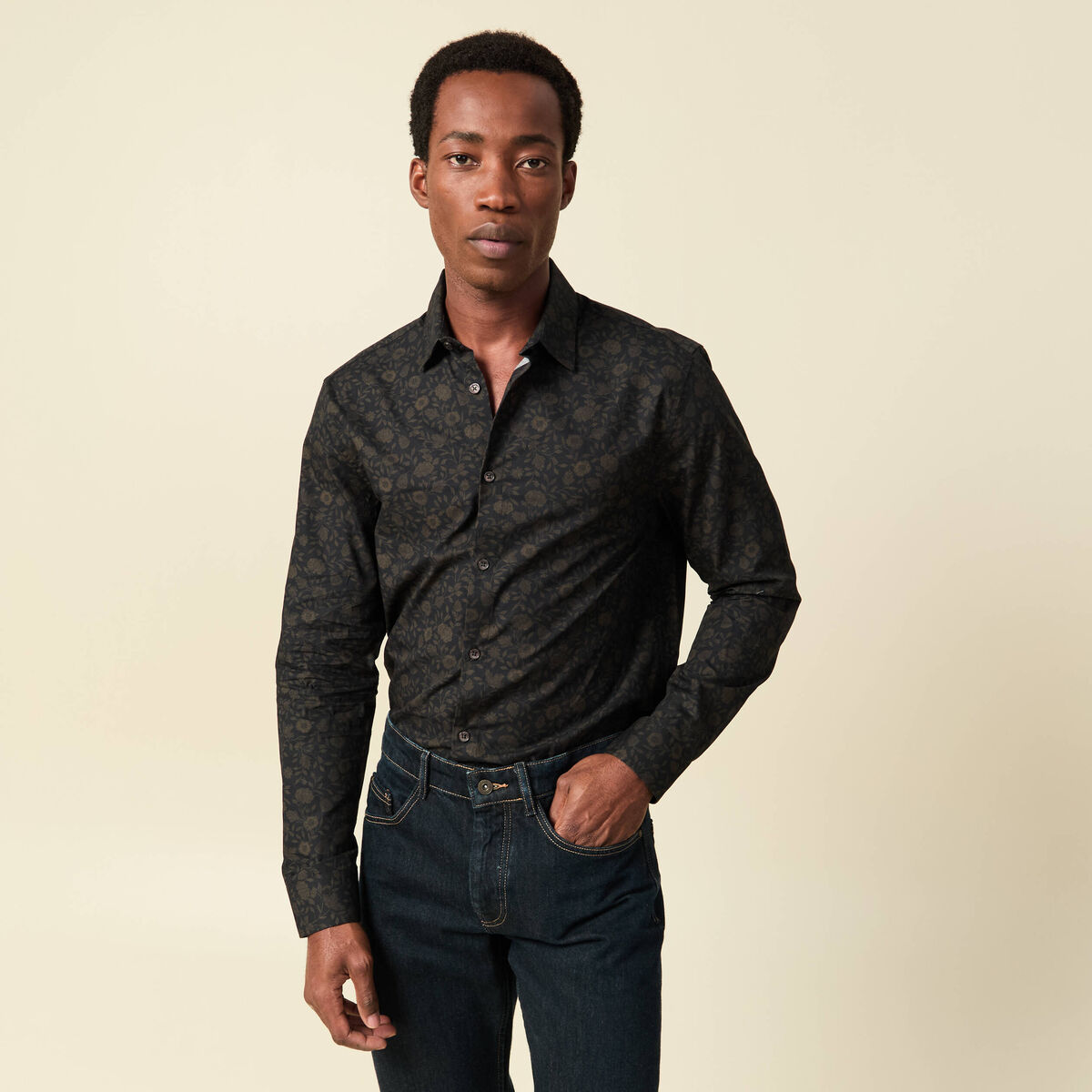 Chemise manches longues en coton noir homme