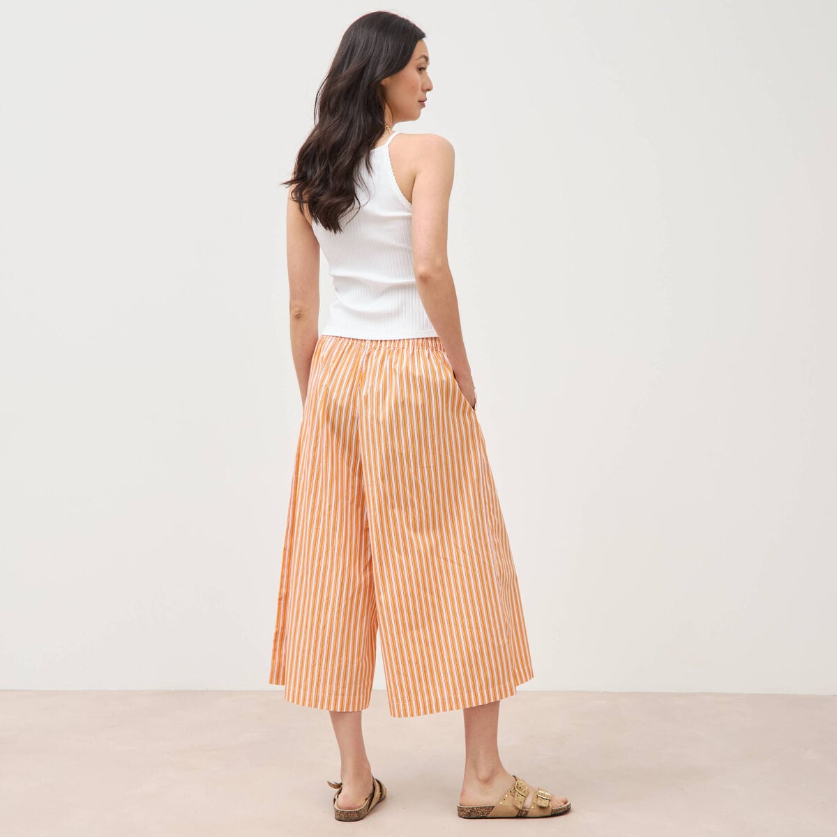Pantalon large taille haute 3/4 en coton orange abricot femme