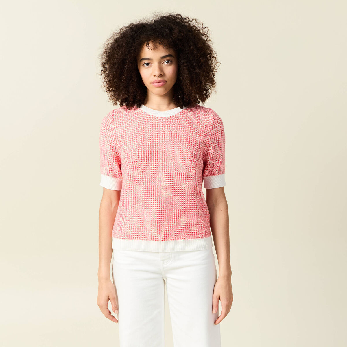 Pull droit court manches courtes ecru femme