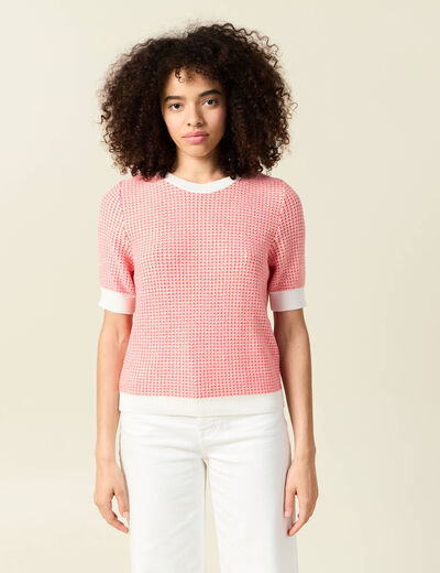 Pull droit court manches courtes ecru femme