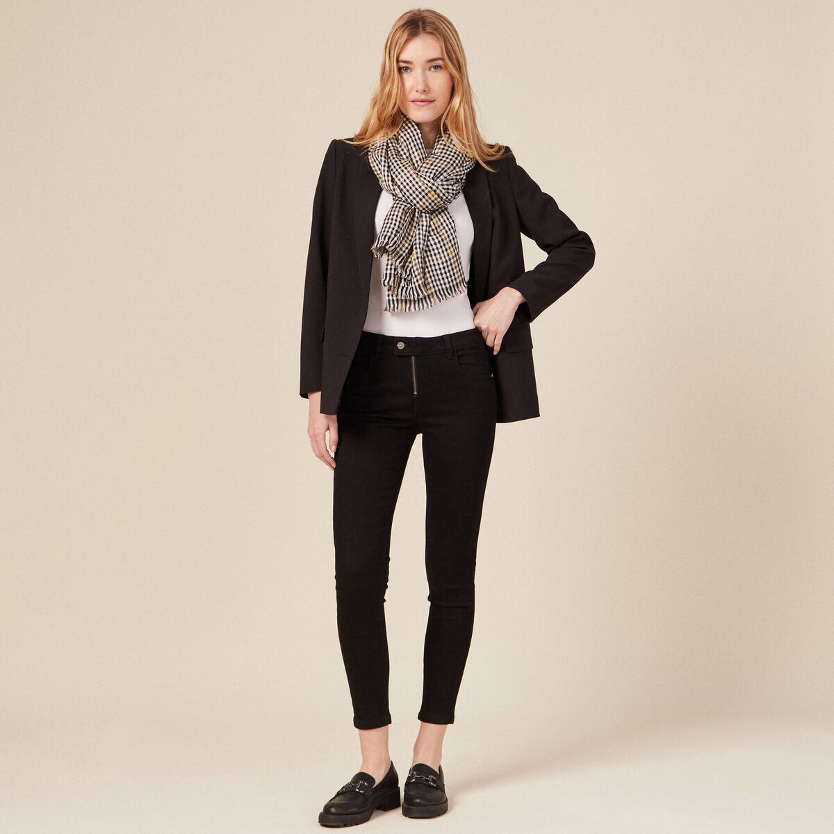 Jeans skinny zipp&eacute; denim noir femme