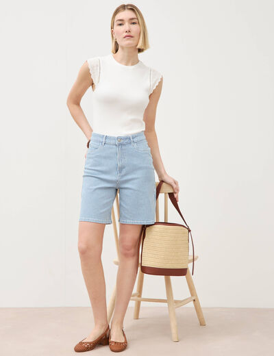Bermuda large taille haute en jeans denim stone femme