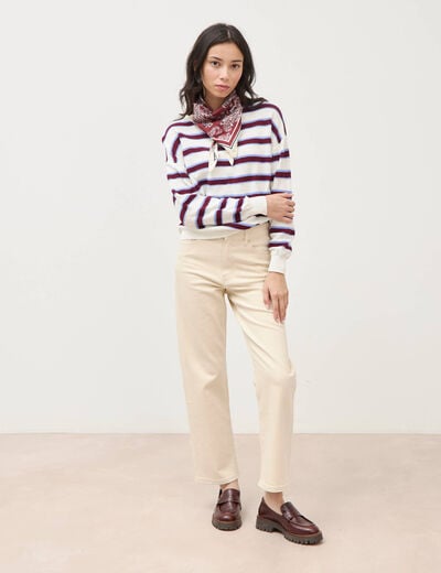 Pull col rond manches longues en coton marron chocolat femme
