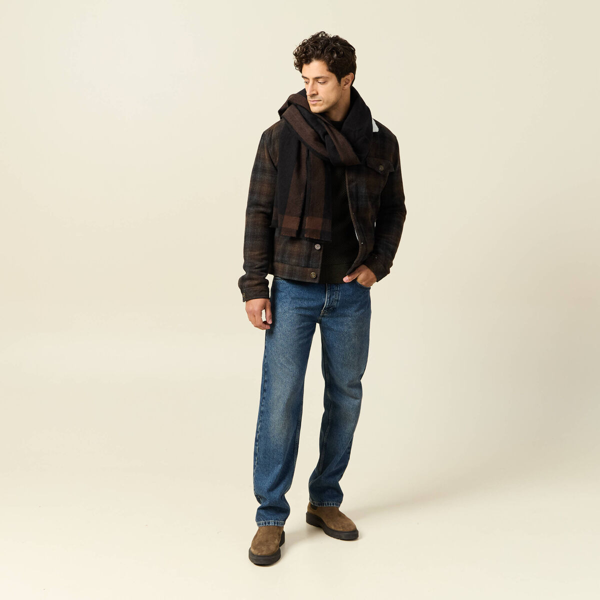 Veste droite courte col chemise marron fonc&eacute; homme