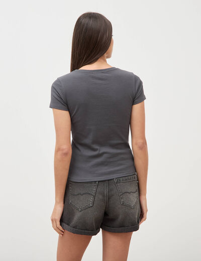 T-shirt cintr&eacute; col rond manches courtes gris femme