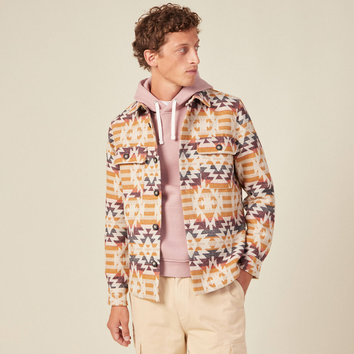 Surchemise manches longues beige homme