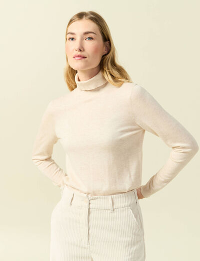 Pull fin col roul&eacute; manches longues creme femme