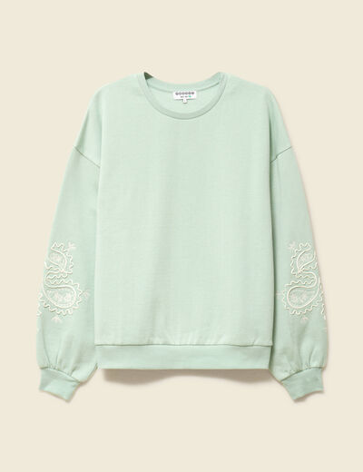 Sweat droit court col rond en coton vert pastel femme