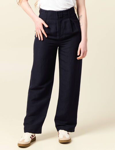 Pantalon large à pinces bleu foncé femme
