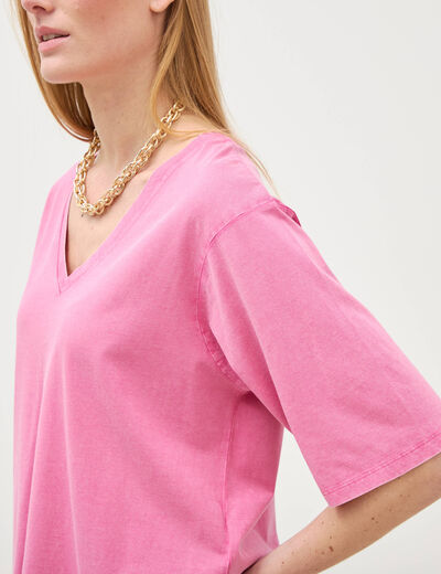 T-shirt col v manches courtes en coton rose framboise femme