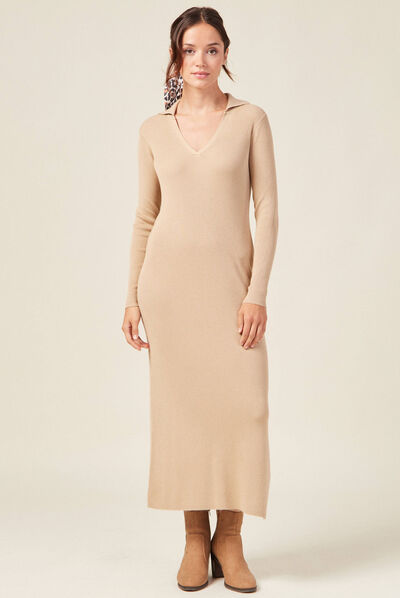 Robe pull longue moulante beige femme