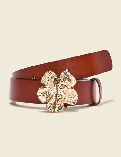 Ceinture en cuir boucle fleur marron femme