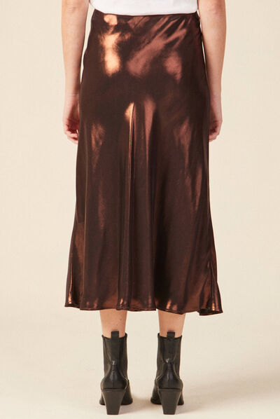 Jupe midi évasée métallisée marron cognac femme