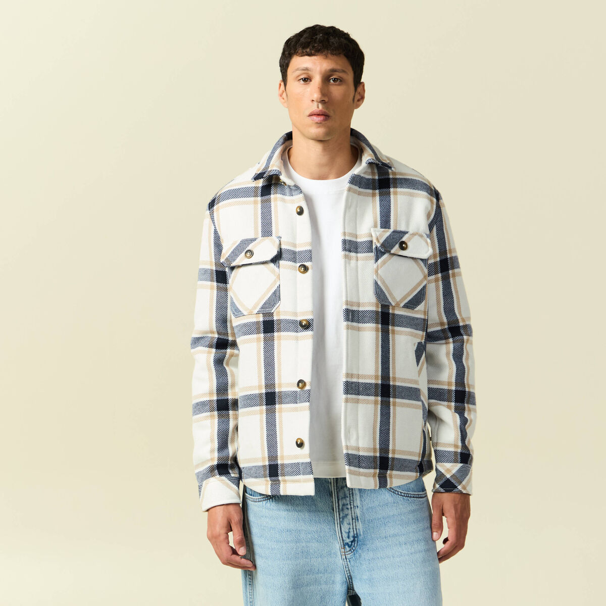Surchemise oversize courte doubl&eacute;e bleu marine homme