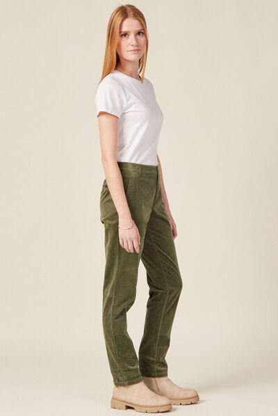 Pantalon chino velours côtelé vert kaki femme
