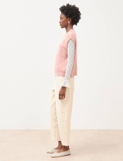 Pull droit court sans manches col rond rose pastel femme