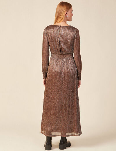 Robe longue évasée col en V marron cognac femme