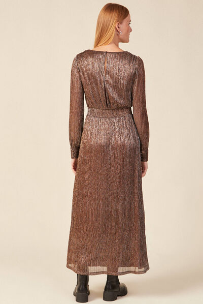 Robe longue évasée col en V marron cognac femme