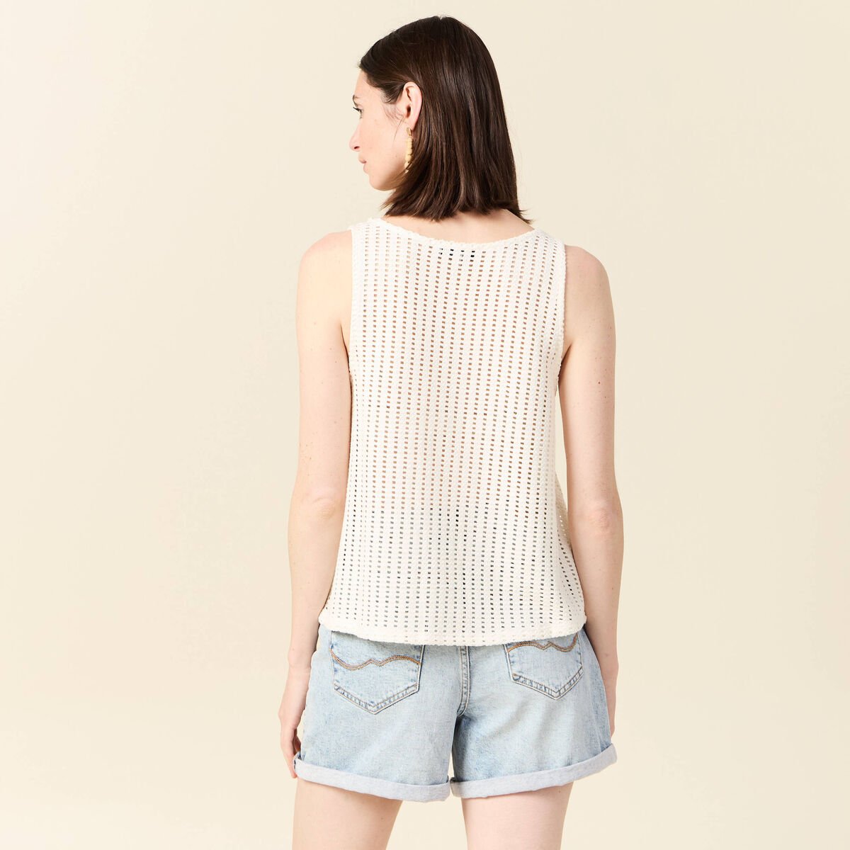 Débardeur sans manches ajouré creme femme