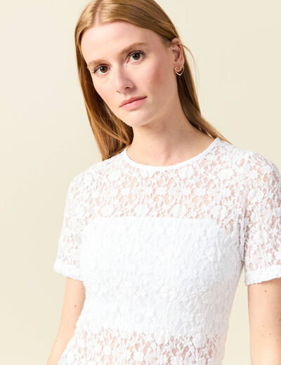 T-shirt cintré col rond dentelle blanc femme