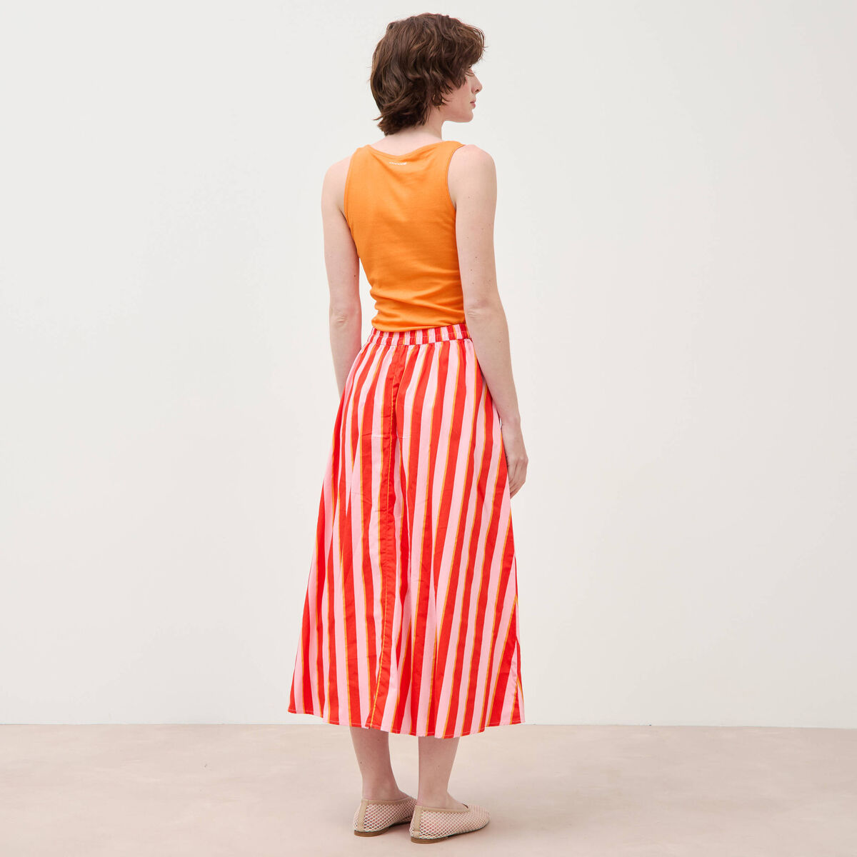 Jupe longue &eacute;vas&eacute;e en coton ray&eacute; orange corail femme
