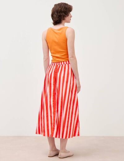 Jupe longue &eacute;vas&eacute;e en coton ray&eacute; orange corail femme