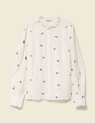 Chemise manches longues en coton brod&eacute;e blanc femme